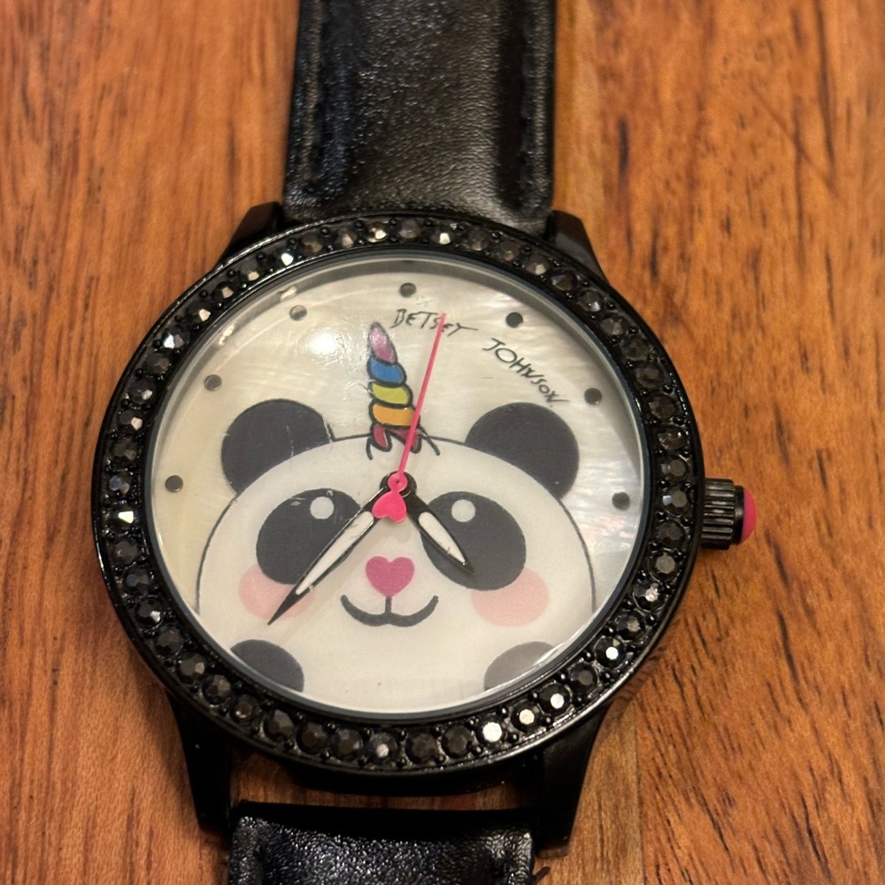 Betsey Johnson Panda Unicorn Watch Black Crystal Bezel Polyurethane Band Ladies